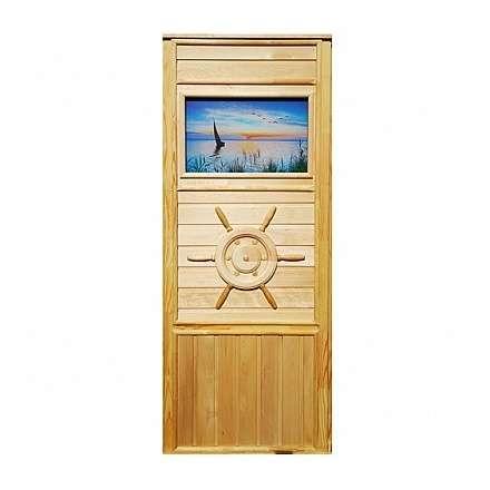 Дверь деревянная для бани DoorWood Штурвал 1840x740 со стеклом Парусник в Слуцке