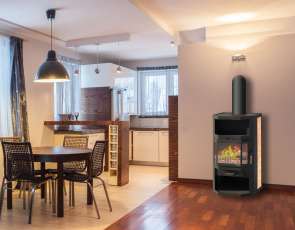 Недорогой стальной камин со стеклом Мета-Бел Ангара фото в интерьере в Слуцке