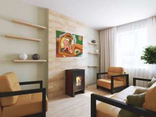 Недорогой камин со стеклом Теплодар Твист фото в интерьере в Слуцке