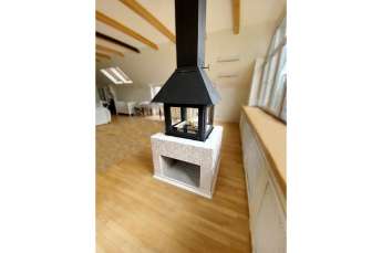 Стальной камин Эклипс островной 4D графит фото в интерьере в Слуцке