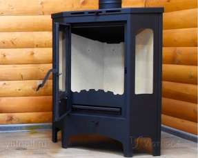 Стальной камин со стеклами Бавария панорама угловая фото в интерьере в Слуцке