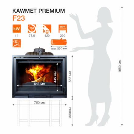 Каминная топка Kawmet Premium F23 (14 кВт) в Слуцке