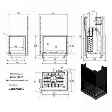Каминная топка Kratki Zuzia/P/BS/G (угловое стекло справа,гильотина) в Слуцке