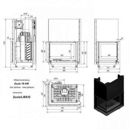 Каминная топка Kratki Zuzia/L/BS/G (угловое стекло слева, гильотина) в Слуцке