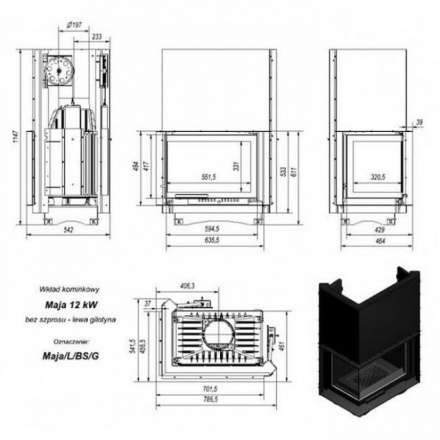 Каминная топка Kratki Maja/L/BS/G (угловое стекло слева, гильотина) в Слуцке