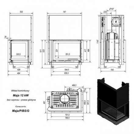Каминная топка Kratki Maja/P/BS/G (угловое стекло справа,гильотина) в Слуцке