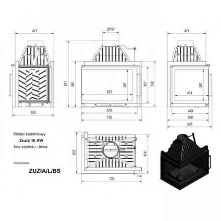Каминная топка Kratki Zuzia/L/BS (угловое стекло слева) в Слуцке