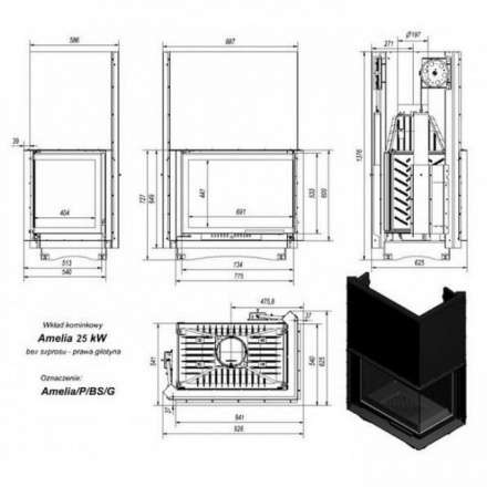 Каминная топка Kratki Amelia/P/BS/G (угловое стекло справа, гильотина) в Слуцке